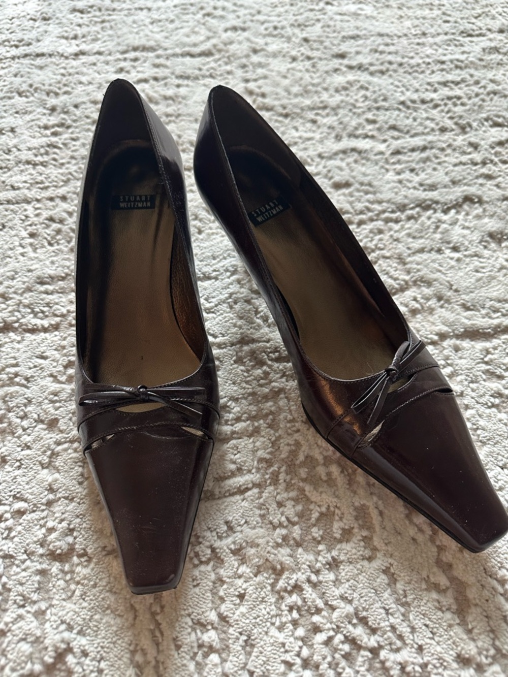 Stuart Weitzman Brown Leather Kitten Heel Pumps Square Toe Bow Detail Size 7.5